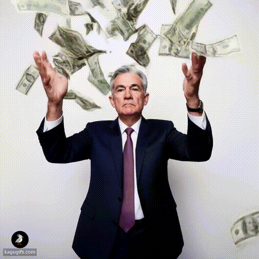 Jerome Powell in a dark navy suit and burgundy tie, dynamically throwing dollar bills high into the air with both hands raised, mid-motion with a commanding expression.