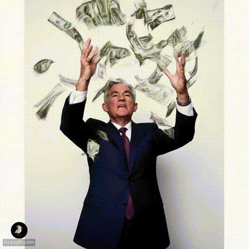 Jerome Powell in a dark navy suit and burgundy tie, dynamically throwing dollar bills high into the air with both hands raised, mid-motion with a commanding expression.