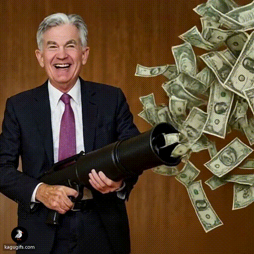 Jerome Powell in a dark suit with purple tie, grinning widely while shooting money out of a cannon, dollar bills exploding outward in a dynamic burst.