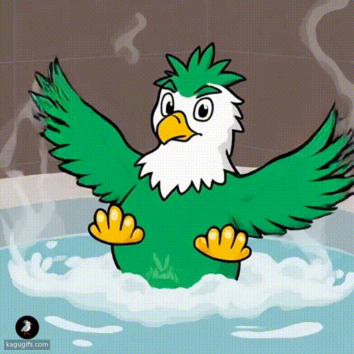 A majestic green and white eagle with yellow talons relaxing in a steaming hot tub, animated style, set against a sprawling asphalt parking lot with painted line markings.