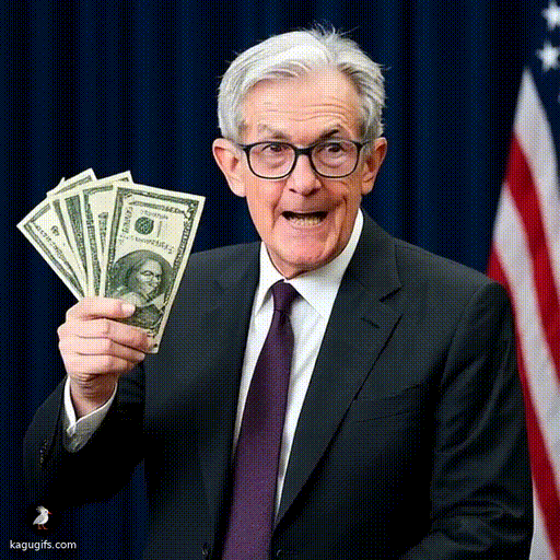 Jerome Powell in a dark suit and purple tie with gray hair and glasses, dynamically shooting dollar bills out of a cannon with a determined expression.