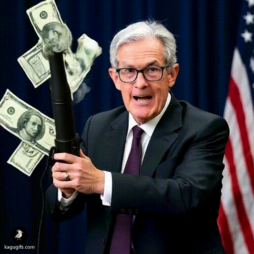 Jerome Powell in a dark suit and purple tie with gray hair and glasses, dynamically shooting dollar bills out of a cannon with a determined expression.