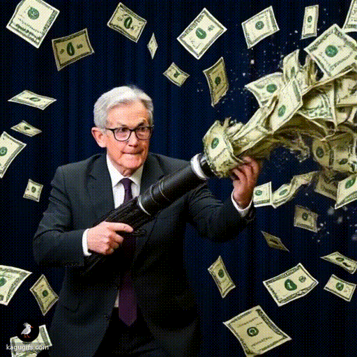 Jerome Powell in a dark suit and purple tie, aiming and firing a cannon shooting dollar bills outward with explosive force.