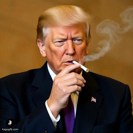 Donald Trump in a dark suit and purple tie putting a cigarette to his lips and taking a big puff, with a focused expression.