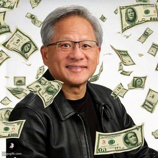 Jensen Huang wearing glasses and a black leather jacket, beaming with a wide smile as dollar bills cascade down around him in a dynamic shower.