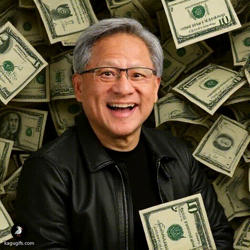Jensen Huang in a black leather jacket and glasses, smiling broadly as dollar bills cascade down around him in a dynamic shower of wealth.