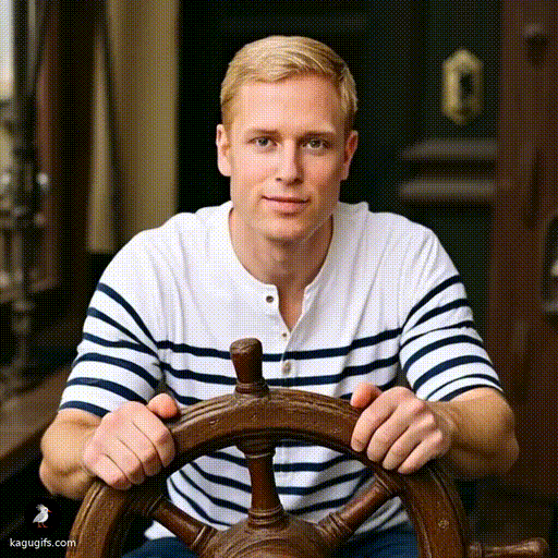 Fair-haired man in a white and navy striped shirt steering an old wooden ship's wheel with focused determination.
