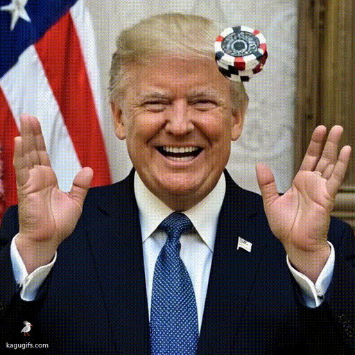 Donald Trump in a dark navy suit and blue dotted tie, grinning widely while throwing a stack of poker chips high into the air with both hands in motion.