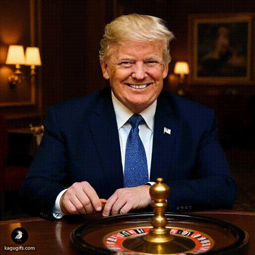 Donald Trump with distinctive blonde swept-back hair, broad grin, wearing a dark navy suit and blue polka-dot tie, spinning a roulette wheel with dynamic motion in a luxurious casino setting.