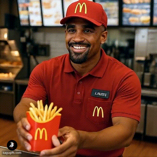 Black man in McDonald's red polo shirt and cap with golden arches logo, smiling warmly while extending a red fries container forward in a serving motion.