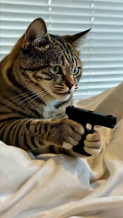 Tabby cat fires small black gun with focused intensity, paws gripping the weapon as it recoils with action and power.