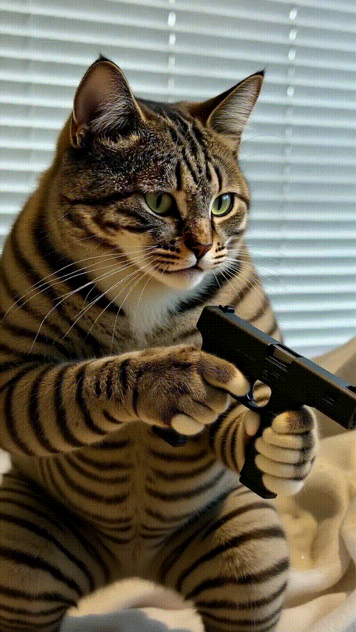 Tabby cat holding a small gun shoots the gun with focused intensity, paw on trigger, whiskers taut, striped fur bristling with action.