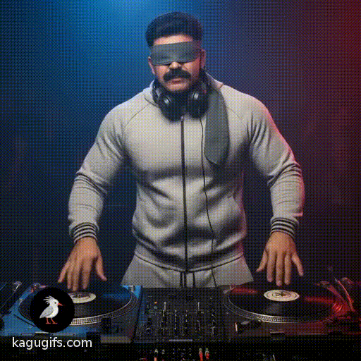 Man with dark mustache wearing grey tracksuit and blindfold, standing confidently at DJ booth with headphones around neck, hands positioned on turntables mixing tracks, bobbing head rhythmically to the beat in energetic club atmosphere.