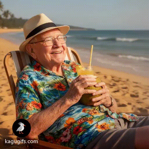 Warren Buffett, elderly man with wire-rimmed glasses and warm smile, wearing a fedora and vibrant Hawaiian shirt, relaxing on golden sandy beach while drinking a tropical cocktail out of a coconut, basking in the coastal sunshine.