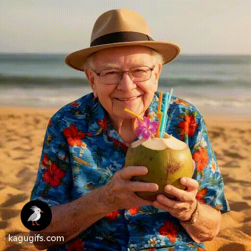 Warren Buffett, elderly man with wire-rimmed glasses and warm smile, wearing a fedora and vibrant Hawaiian shirt, relaxing on golden sandy beach while drinking a tropical cocktail out of a coconut, basking in the coastal sunshine.