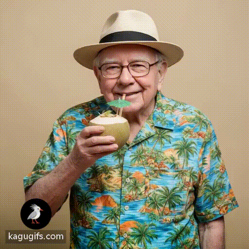 Warren Buffett wearing a fedora and a vibrant Hawaiian shirt, relaxed smile behind glasses, raising a coconut cocktail to his lips as he stands on a sunny beach with gentle waves rolling behind him.