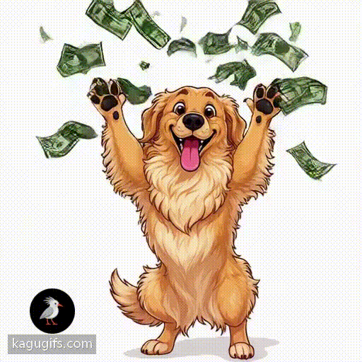 Golden retriever cartoon dog with fluffy fur and pink tongue joyfully throwing dollar bills high in the air with raised paws in an exuberant, celebratory motion