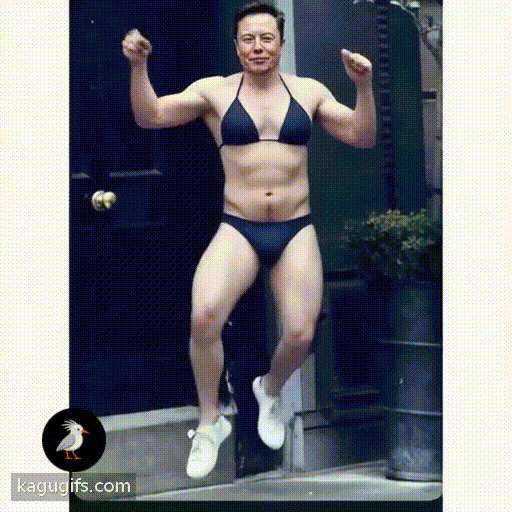 Elon Musk wearing a navy blue bikini with white sneakers, energetically dancing with animated hip movements and raised arms, pale skin tone, athletic build, distinctive facial features with characteristic expression.