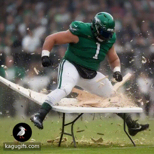 Athletic man in vibrant green football uniform with white pants, green helmet with visor, and black gloves powerfully body slamming through a white plastic foldable table, splintering it with explosive force mid-impact.
