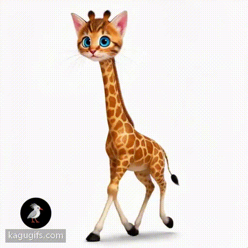 A giraffe with the face of a kitten walking gracefully forward, featuring large bright blue eyes, soft tabby-striped orange and brown fur, delicate pink nose, prominent white whiskers, triangular ears, tall giraffe body with distinctive spotted pattern, long elegant neck, four slender legs in mid-stride, animated cartoon style with playful expression.