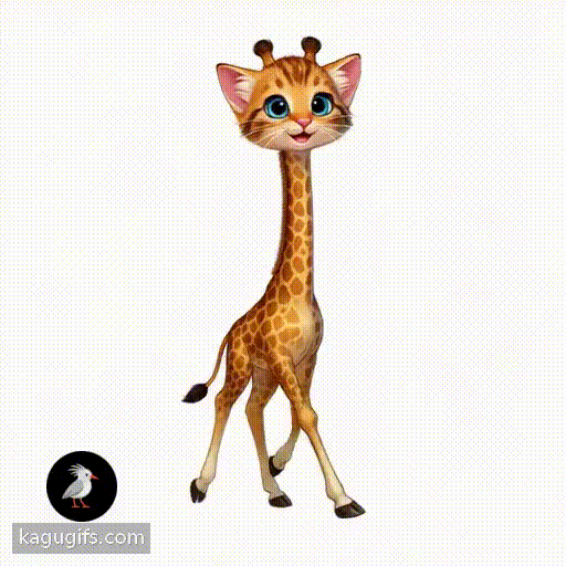 A giraffe with the face of a kitten walking gracefully forward, featuring large bright blue eyes, soft tabby-striped orange and brown fur, delicate pink nose, prominent white whiskers, triangular ears, tall giraffe body with distinctive spotted pattern, long elegant neck, four slender legs in mid-stride, animated cartoon style with playful expression.