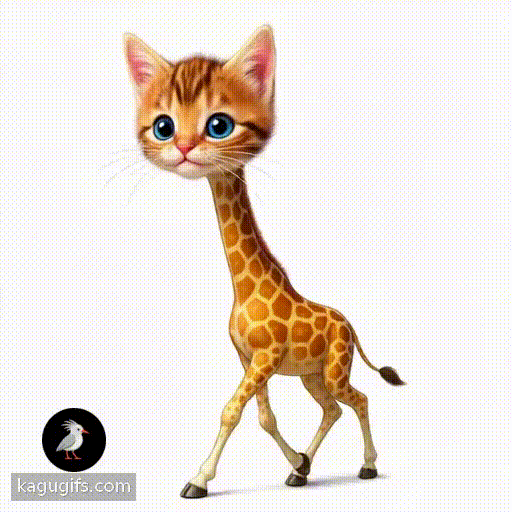 A giraffe with the face of a kitten walking gracefully forward, featuring large bright blue eyes, soft tabby-striped orange and brown fur, delicate pink nose, prominent white whiskers, triangular ears, tall giraffe body with distinctive spotted pattern, long elegant neck, four slender legs in mid-stride, animated cartoon style with playful expression.