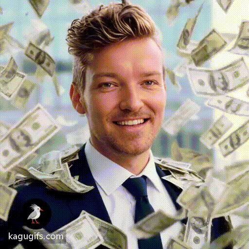 Man with swept-back blonde hair and light stubble wearing a dark navy suit, white dress shirt, and navy tie, being showered in dollar bills while smiling warmly at the camera, bills cascading down around his shoulders and torso in energetic motion.