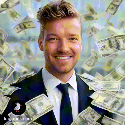 Man with swept-back blonde hair and light stubble wearing a dark navy suit, white dress shirt, and navy tie, being showered in dollar bills while smiling warmly at the camera, bills cascading down around his shoulders and torso in energetic motion.