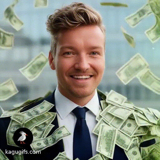 Man with swept-back blonde hair and light stubble wearing a dark navy suit, white dress shirt, and navy tie, being showered in dollar bills while smiling warmly at the camera, bills cascading down around his shoulders and torso in energetic motion.