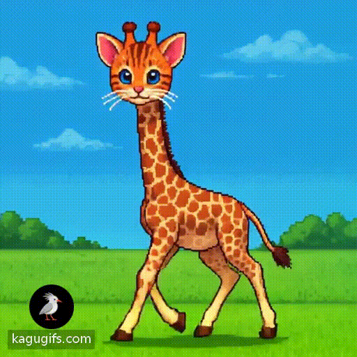 A giraffe with the face of a kitten walking, featuring large round blue eyes, a tiny pink nose, tabby-striped orange and brown fur on its feline face, pointed fuzzy ears, delicate white whiskers, elongated spotted giraffe neck and legs, rendered in animated pixelated style with blocky retro video game aesthetics.