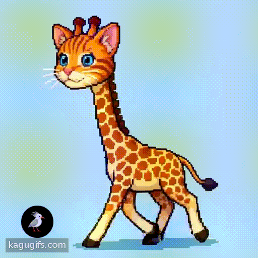 A giraffe with the face of a kitten walking, featuring large round blue eyes, a tiny pink nose, tabby-striped orange and brown fur on its feline face, pointed fuzzy ears, delicate white whiskers, elongated spotted giraffe neck and legs, rendered in animated pixelated style with blocky retro video game aesthetics.