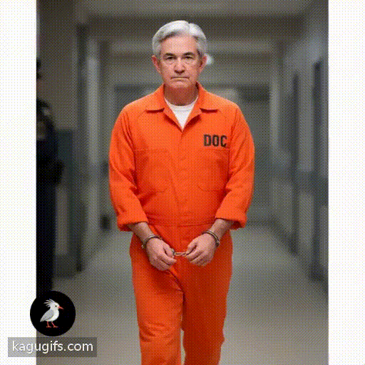Jerome Powell, distinguished man with silver-gray hair and steady expression, striding forward in a bright orange prison jumpsuit with hands bound in metal handcuffs, measured gait suggesting composure despite the restraints.