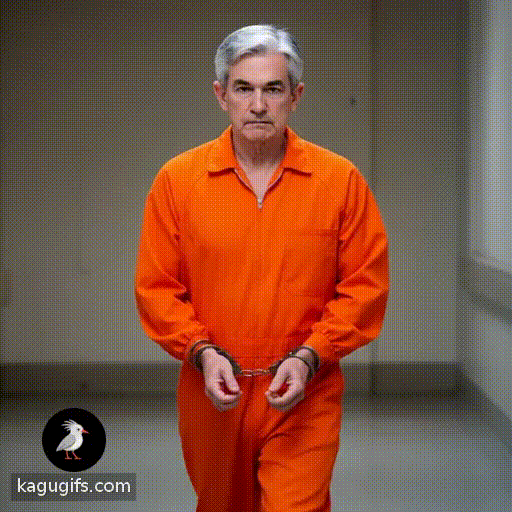 Jerome Powell, distinguished man with silver-gray hair and steady expression, striding forward in a bright orange prison jumpsuit with hands bound in metal handcuffs, measured gait suggesting composure despite the restraints.
