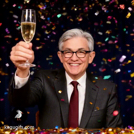 Jerome Powell in dark suit and burgundy tie, raising a champagne glass and smiling warmly while celebrating New Year's Eve, silver-gray hair, black-rimmed glasses, festive confetti falling around him as he toasts joyfully.