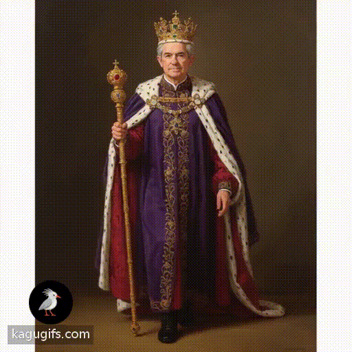 Jerome Powell wearing a crown dressed as a king in regal robes with ermine trim, gripping a gold scepter, striding confidently towards the camera with commanding presence and dignified expression.