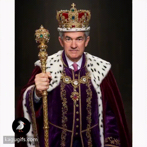 Jerome Powell wearing a crown dressed as a king in regal robes with ermine trim, gripping a gold scepter, striding confidently towards the camera with commanding presence and dignified expression.
