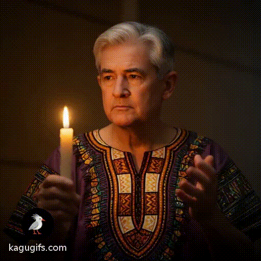 Jerome Powell, dignified man with silver-gray hair and composed expression, wearing a vibrant patterned dashiki with traditional geometric designs, holding a glowing candle upright in his hand, gesturing thoughtfully with the candle's warm light illuminating his face.