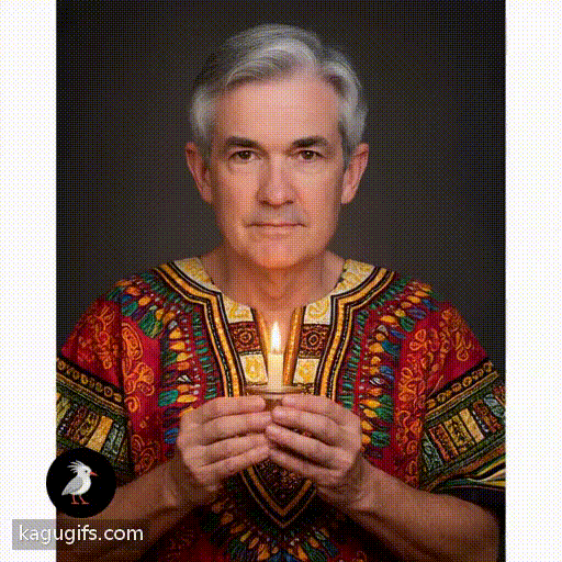 Jerome Powell, distinguished gentleman with neatly combed salt-and-pepper hair, warm brown eyes, wearing a vibrant patterned dashiki, gently holding a lit candle, his expression calm and focused as he steadies the flickering flame.