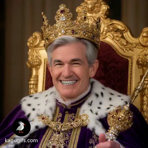 Jerome Powell wearing a crown dressed as a king sitting in a gold throne, regal purple and gold robes with ermine trim, ornate golden crown with jewels, slowly turning toward camera with a confident smile revealing diamond grillz, gray hair, distinguished features, holding a royal scepter.