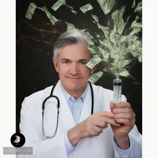 Jerome Powell in a white doctor's coat with a stethoscope, gripping a large syringe full of cash, dollar bills erupting and shooting forcefully out of the top of the syringe, his distinguished salt-and-pepper hair neatly styled, confident expression, holding the syringe upward as money sprays outward.