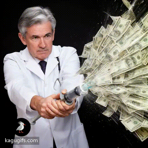 Jerome Powell in a crisp white doctor's coat, salt-and-pepper hair neatly combed, gripping a large medical syringe with both hands, forcefully pushing the plunger as paper cash bills explosively spray out from the needle tip in a dynamic burst of motion.