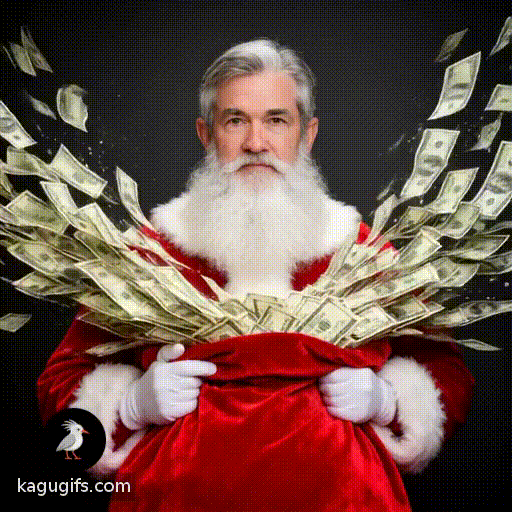 Jerome Powell dressed as Santa with gray hair and a white beard, holding a large red bag overflowing with cascading bills spilling outward in motion.