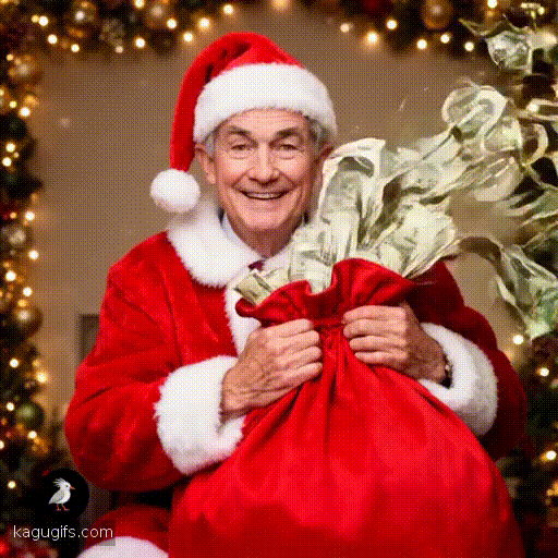 Jerome Powell in a Santa costume holding a big red bag with cash flying out of the bag, standing against a festive holiday backdrop.