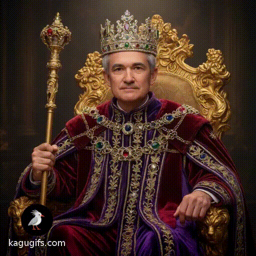 Jerome Powell wearing a crown dressed as a king sitting in a gold throne holding a gold scepter, distinguished man with silver-gray hair and composed expression, regal royal attire with ornate fabrics and jeweled details, commanding posture with one hand gripping the golden scepter firmly, crown gleaming atop his head.