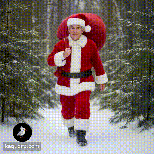 Jerome Powell in a santa costume walking through a snowy forest holding a big red bag of cash over his back, silver-gray hair neatly combed, calm composed expression, distinguished features, red santa suit with white fur trim, black belt, santa hat, striding purposefully forward through the snow-dusted evergreen trees.