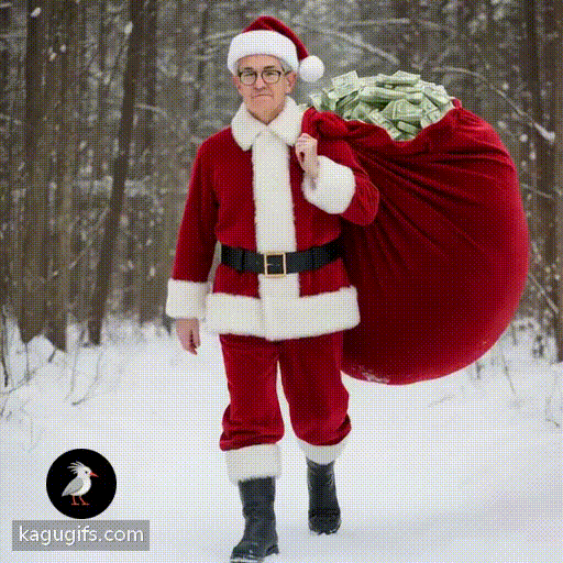 Jerome Powell in a santa costume walking through a snowy forest holding a big red bag of cash over his back, silver-gray hair neatly combed, calm composed expression, distinguished features, red santa suit with white fur trim, black belt, santa hat, striding purposefully forward through the snow-dusted evergreen trees.
