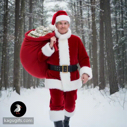 Jerome Powell in a santa costume walking through a snowy forest holding a big red bag of cash over his back, silver-gray hair neatly combed, calm composed expression, distinguished features, red santa suit with white fur trim, black belt, santa hat, striding purposefully forward through the snow-dusted evergreen trees.