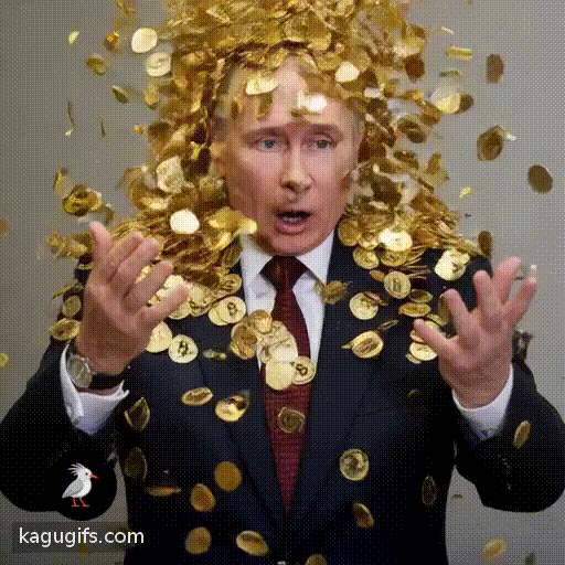 Vladimir Putin in dark suit and red patterned tie being showered in golden bitcoins cascading down around him, coins tumbling through the air, his hands reaching up toward the falling cryptocurrency, expression of surprise and engagement as the physical bitcoin tokens rain down over his formal attire.