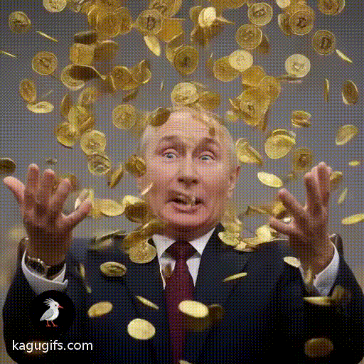 Vladimir Putin in dark suit and red patterned tie being showered in golden bitcoins cascading down around him, coins tumbling through the air, his hands reaching up toward the falling cryptocurrency, expression of surprise and engagement as the physical bitcoin tokens rain down over his formal attire.