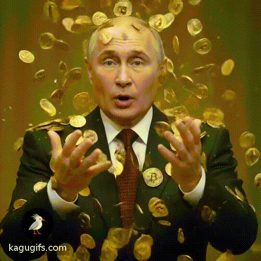 Vladimir Putin in dark suit and red patterned tie being showered in golden bitcoins cascading down around him, coins tumbling through the air, his hands reaching up toward the falling cryptocurrency, expression of surprise and engagement as the physical bitcoin tokens rain down over his formal attire.